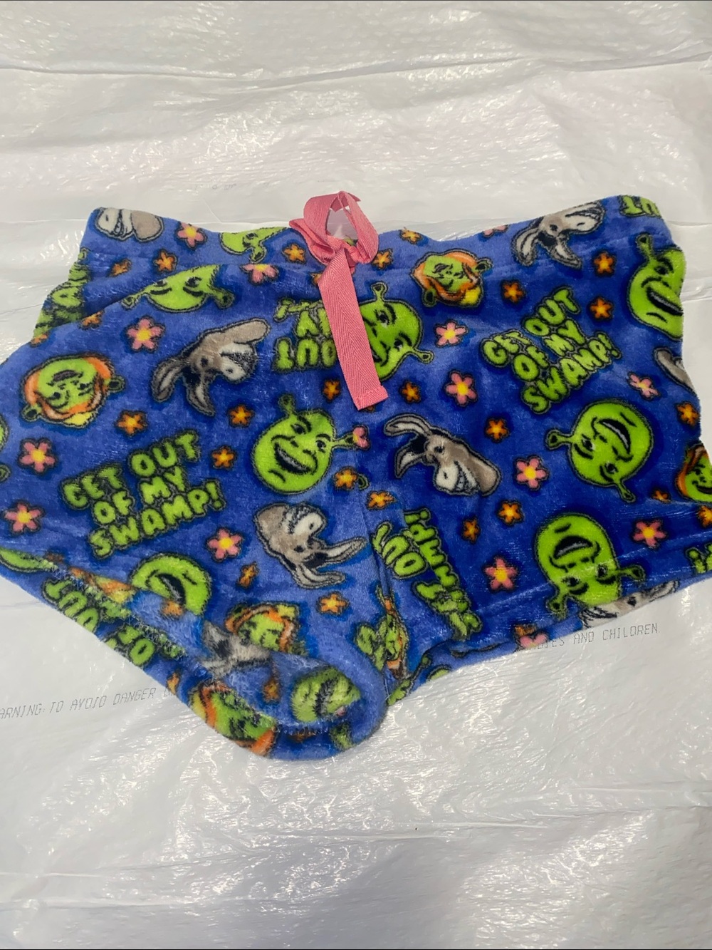 Blue Shrek-Themed Fleece Pajama Shorts with Pink Drawstring
